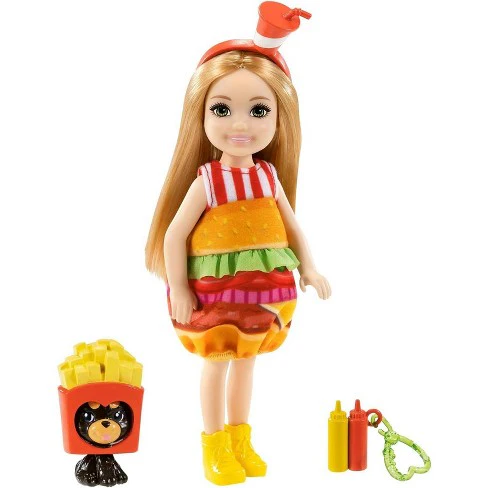 Barbie Club Chelsea Dress-Up Doll in Burger Costume with Pet and Accessories GRP69
