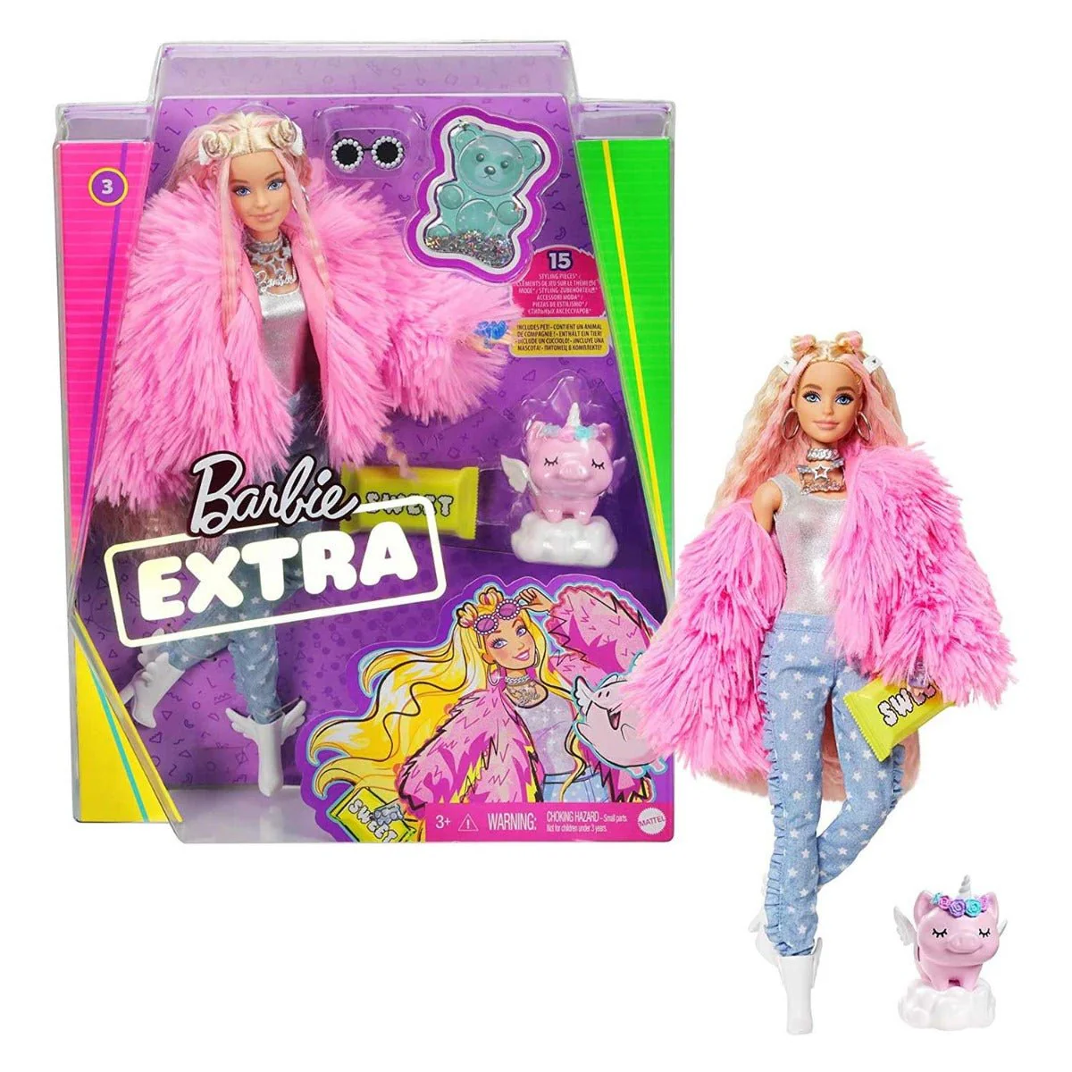 Barbie Extra Doll in Pink Coat with Pet Unicorn-Pig GRN28 - Image 3