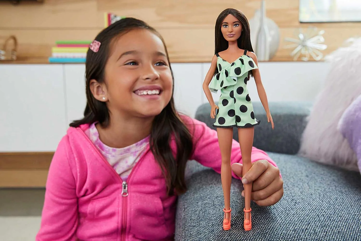 Barbie Fashionista Brunette with Lime Green Polka Dots Romper HJR99 - Image 2