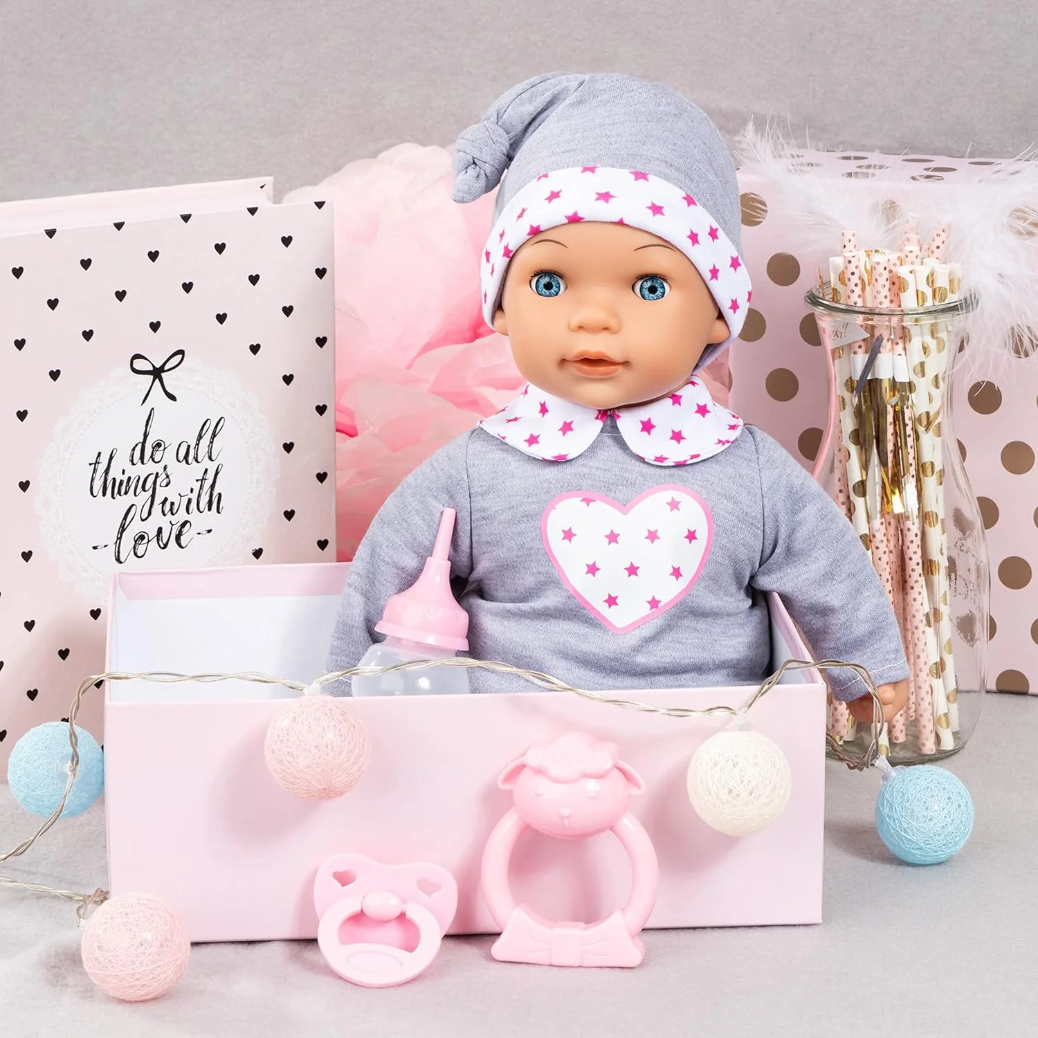 Bayer Tears Baby Interactive Doll 38cm with Sound, Real Tears, and Accessories – Grey & Pink Hearts - Image 10