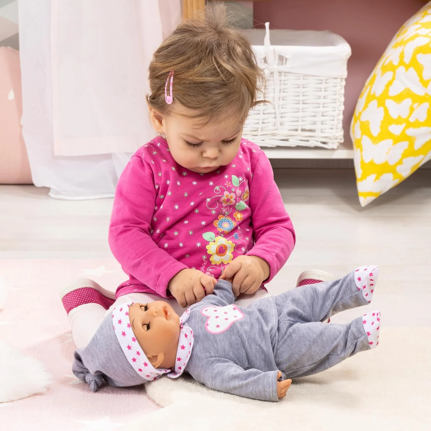 Bayer Tears Baby Interactive Doll 38cm with Sound, Real Tears, and Accessories – Grey & Pink Hearts - Image 4