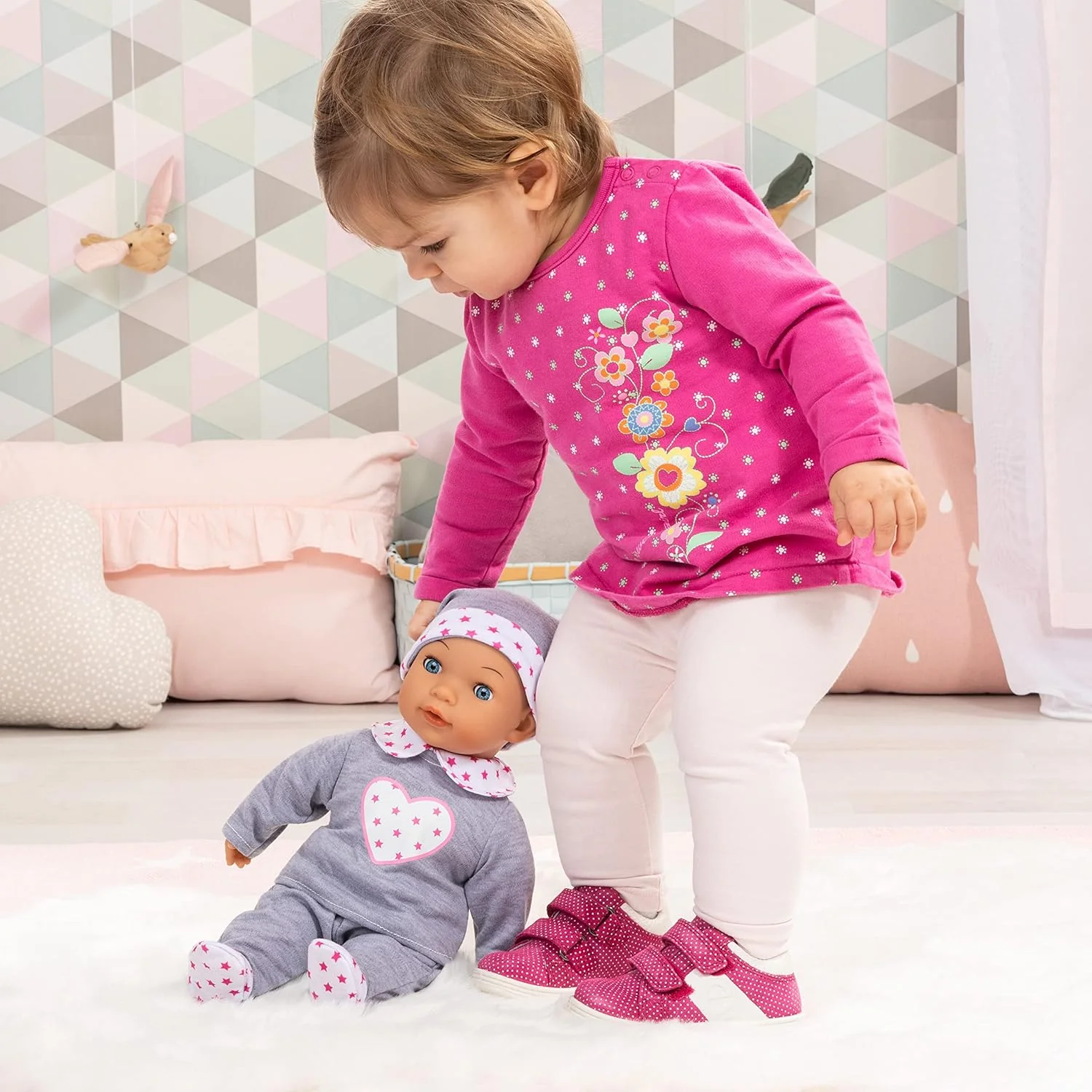 Bayer Tears Baby Interactive Doll 38cm with Sound, Real Tears, and Accessories – Grey & Pink Hearts - Image 5