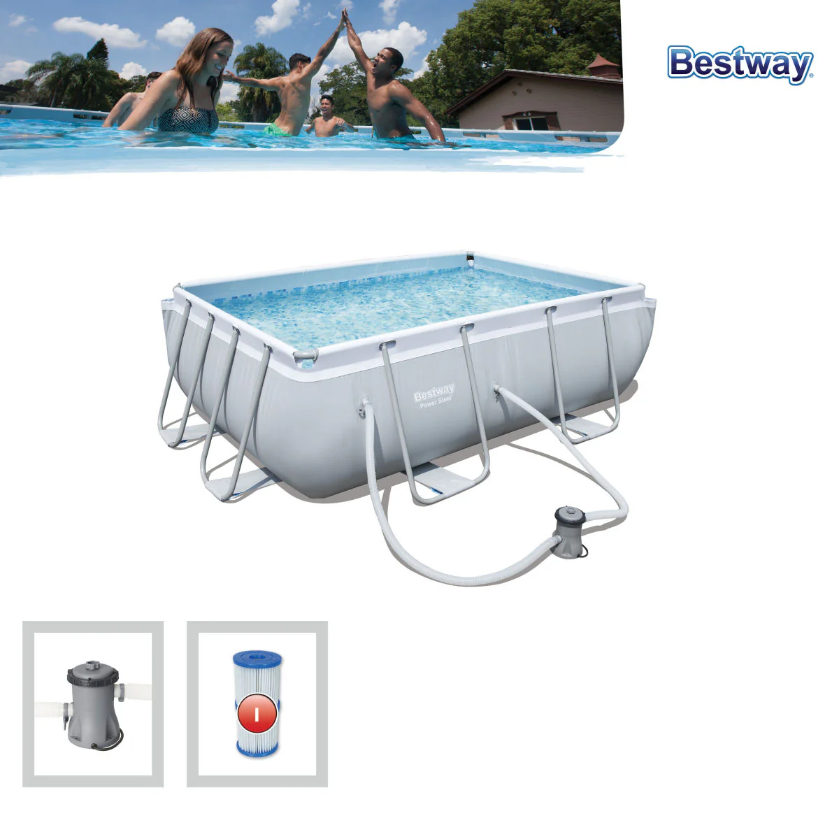 Bestway Power Steel Rectangular Pool Set - 2.82m X 1.96m X 84cm