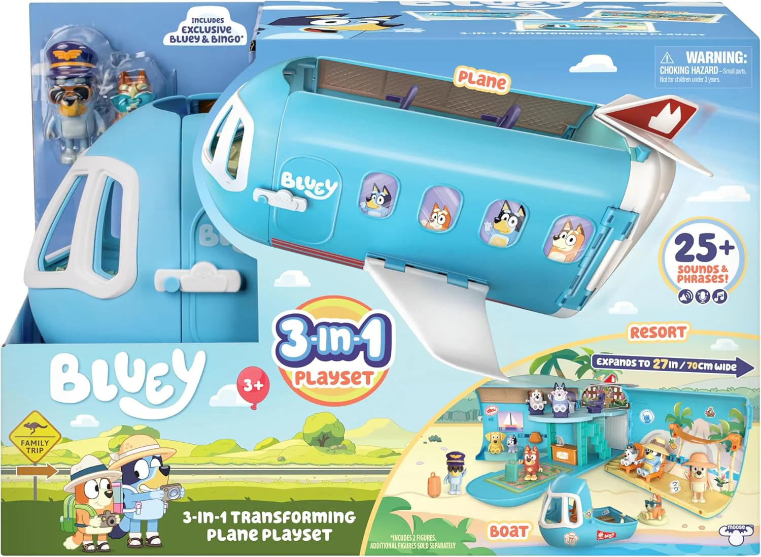 Bluey 3-in-1 Transforming Plane Playset – Plane, Resort & Boat | Lights, Sounds & Exclusive Bluey & Bingo Figures