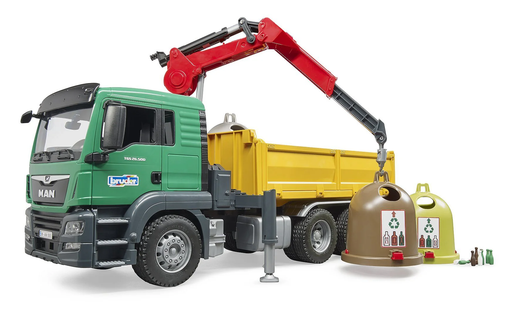 Bruder Man TGS Truck with 3 Glass Recycling Containers and Bottles 03753