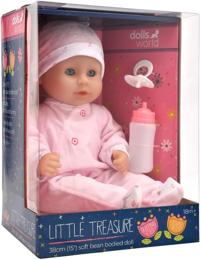 Dolls World Ltl Treasure 15inch Baby Doll With Sleeping Eyes Bottle & Dummy 78334 - Image 3