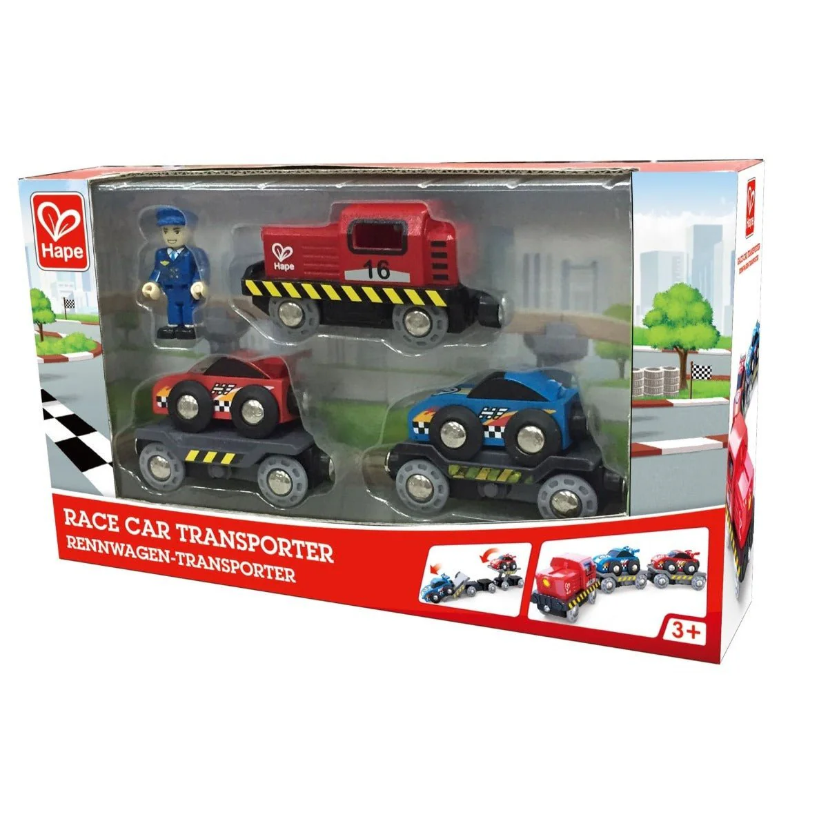 Hape Wooden Race Car Transporter Railway Set 4pcs