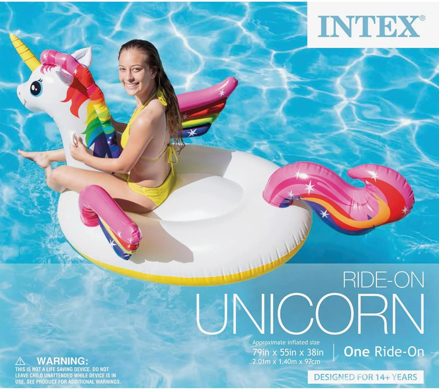 Intex Unicorn Ride-On Inflatable Pool Float with Handles – 155 x 79 x 79 cm | Ages 3+ | Rainbow Sprayer Design - Image 3