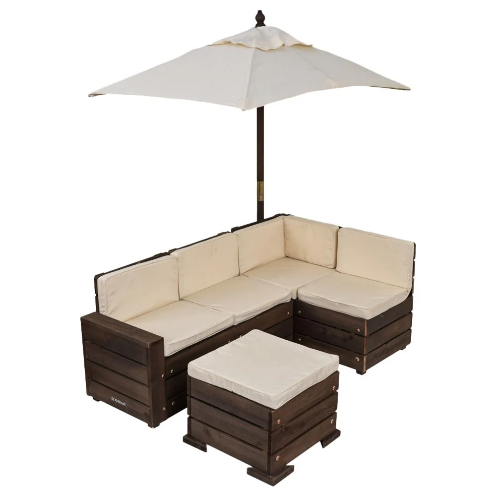 Kidkraft Outdoor Sectional Ottoman & Umbrella Set- Bear Brown & Beige