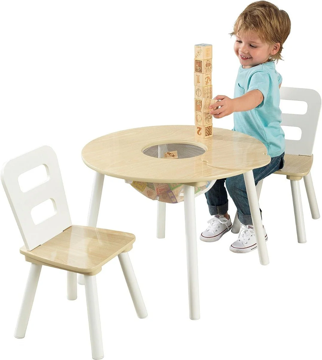 Kidkraft Round Storage Table & 2 Chair Set - Natural & White