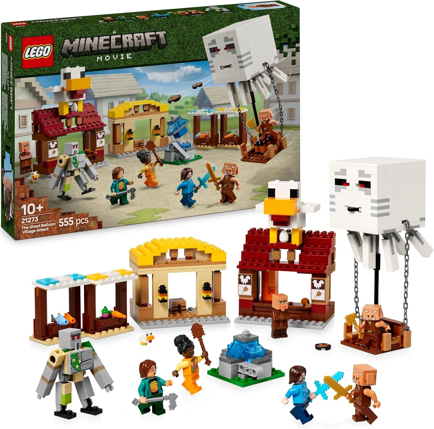 LEGO Minecraft The Ghast Balloon Village Attack Building Set – 21273, Steve’s House, Iron Golem & 4 Minifigures, 555 Pieces, Ages 10+