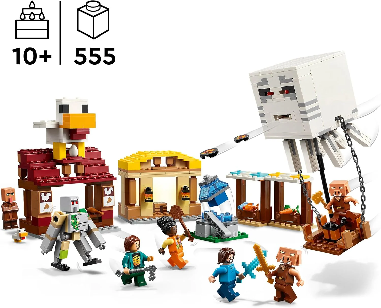 LEGO Minecraft The Ghast Balloon Village Attack Building Set – 21273, Steve’s House, Iron Golem & 4 Minifigures, 555 Pieces, Ages 10+ - Image 2