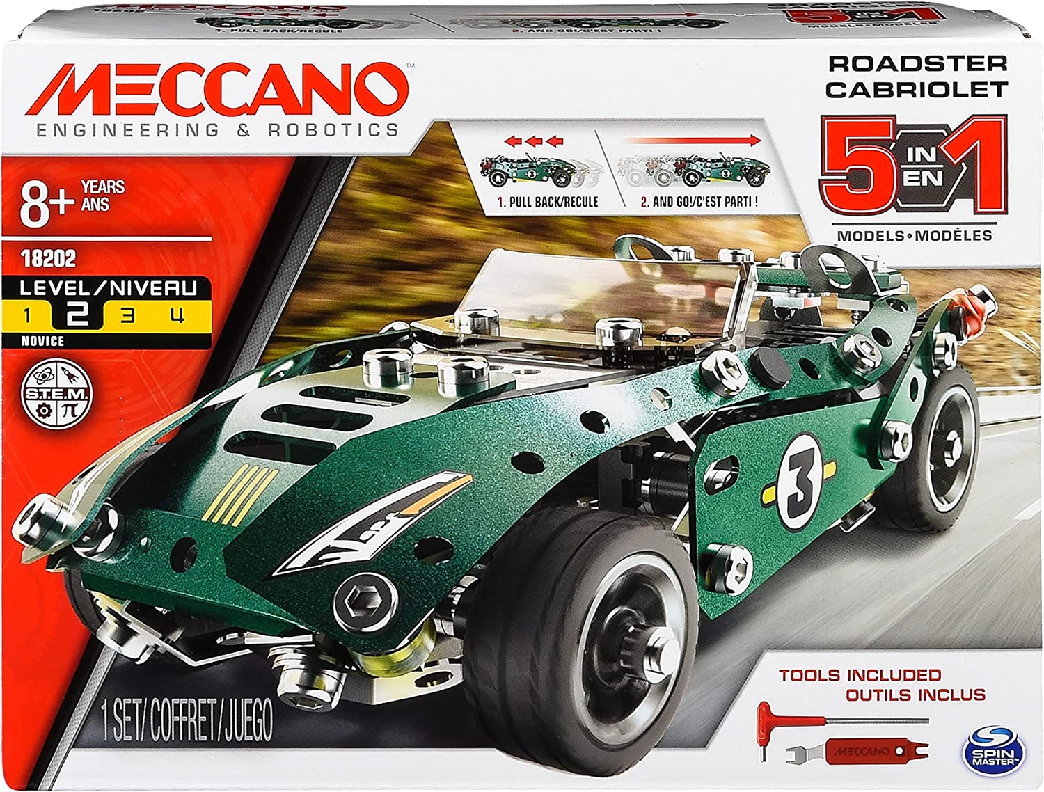 Meccano 5-in-1 Roadster Pull Back Car Building Kit 6040176