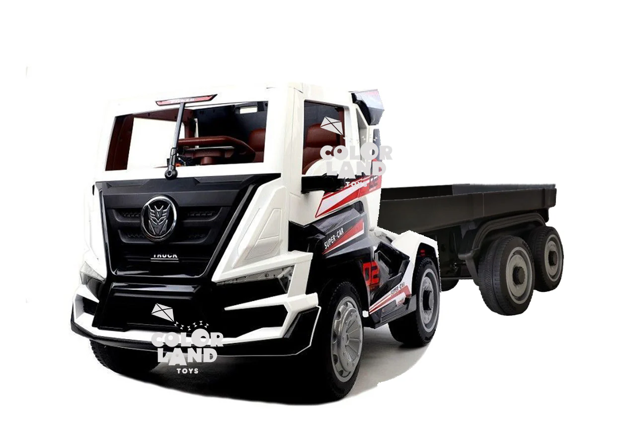 Megastar 12V Clunker Truck With Back Trailer Rubber Tyres & Leather Seats White 2020