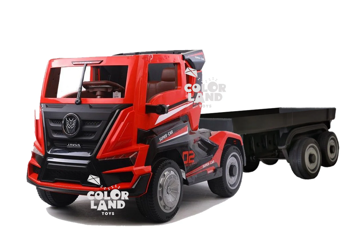 Megastar12V Clunker Truck With Back Trailer Rubber Tyres & Leather Seats Red 2020