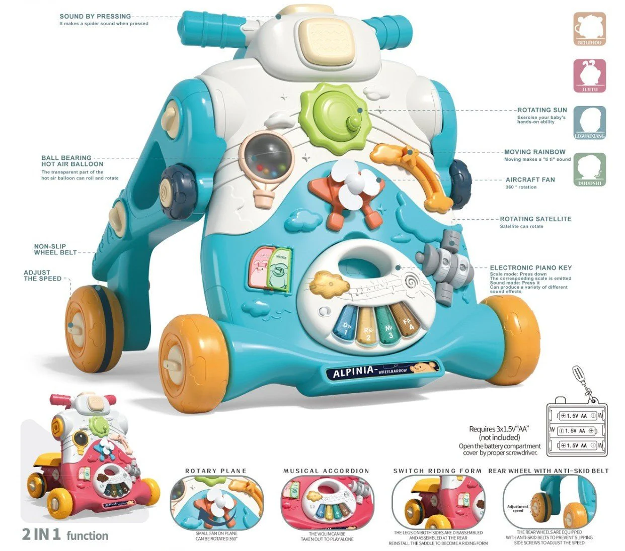 Multi Function 2-in-1 Music Baby Walker Blue 702/B11142 - Image 2