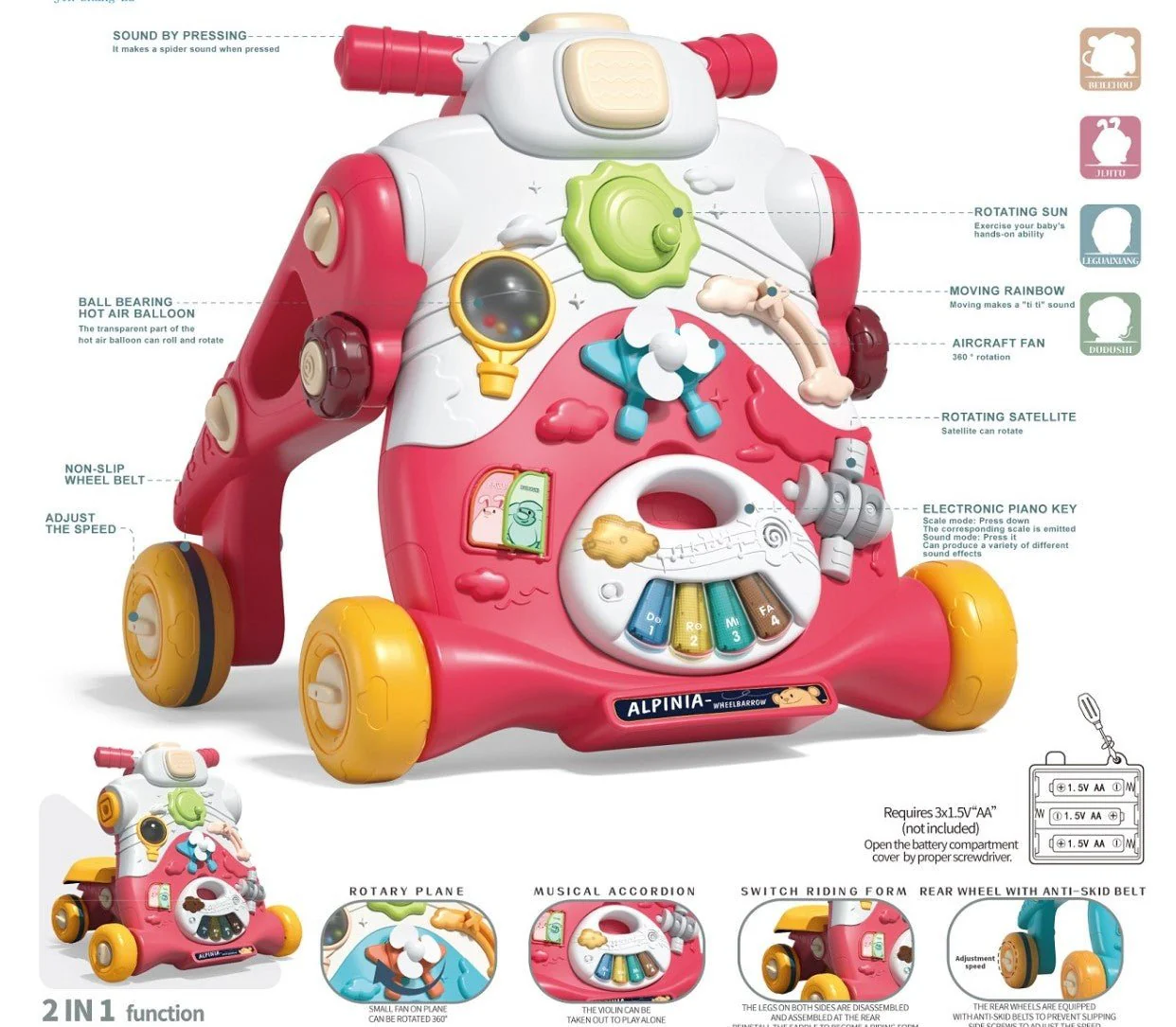 Multi Function 2-in-1 Music Baby Walker Pink 702A/B11143 - Image 2