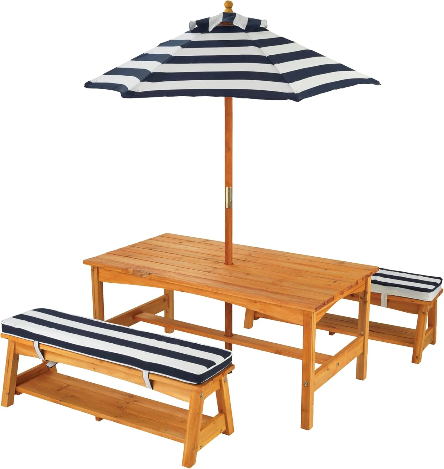 Outdoor Table & Bench Set with Cushions & Umbrella - Navy & White Stripes