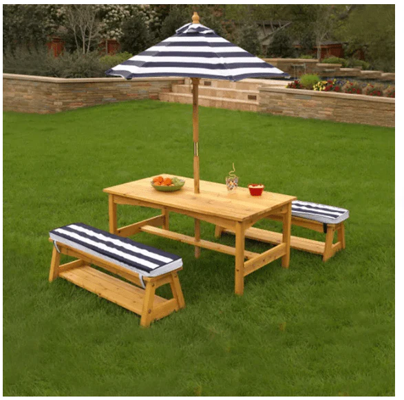 Outdoor Table & Bench Set with Cushions & Umbrella - Navy & White Stripes - Image 2