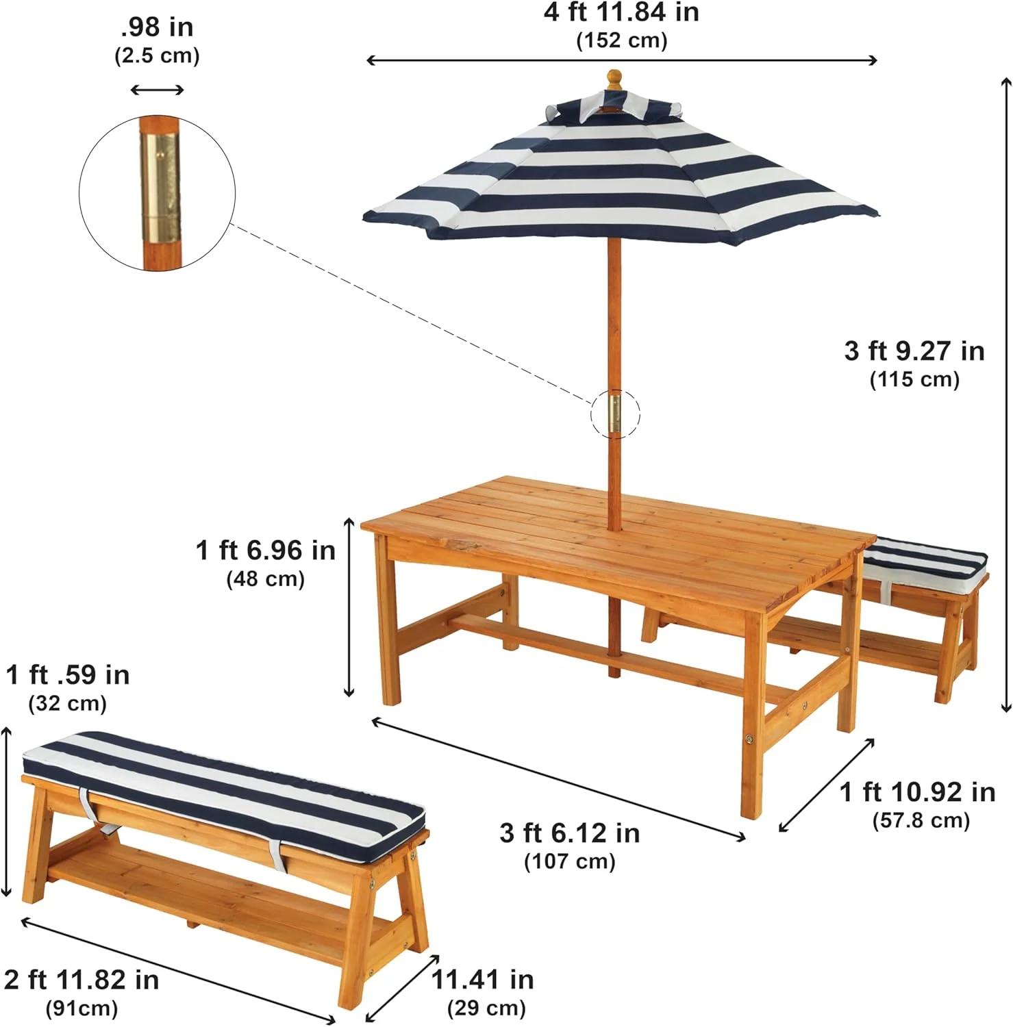 Outdoor Table & Bench Set with Cushions & Umbrella - Navy & White Stripes - Image 3