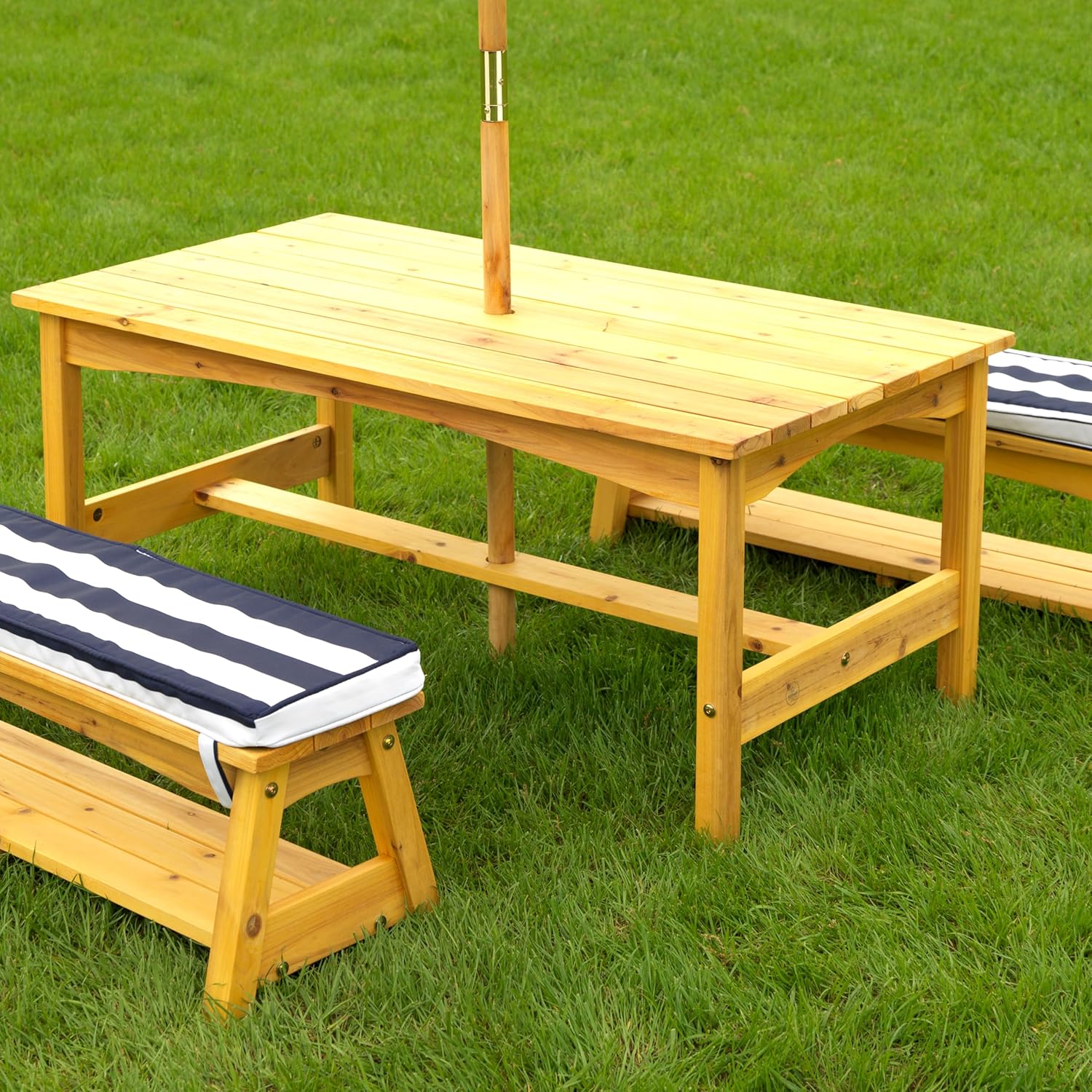 Outdoor Table & Bench Set with Cushions & Umbrella - Navy & White Stripes - Image 4