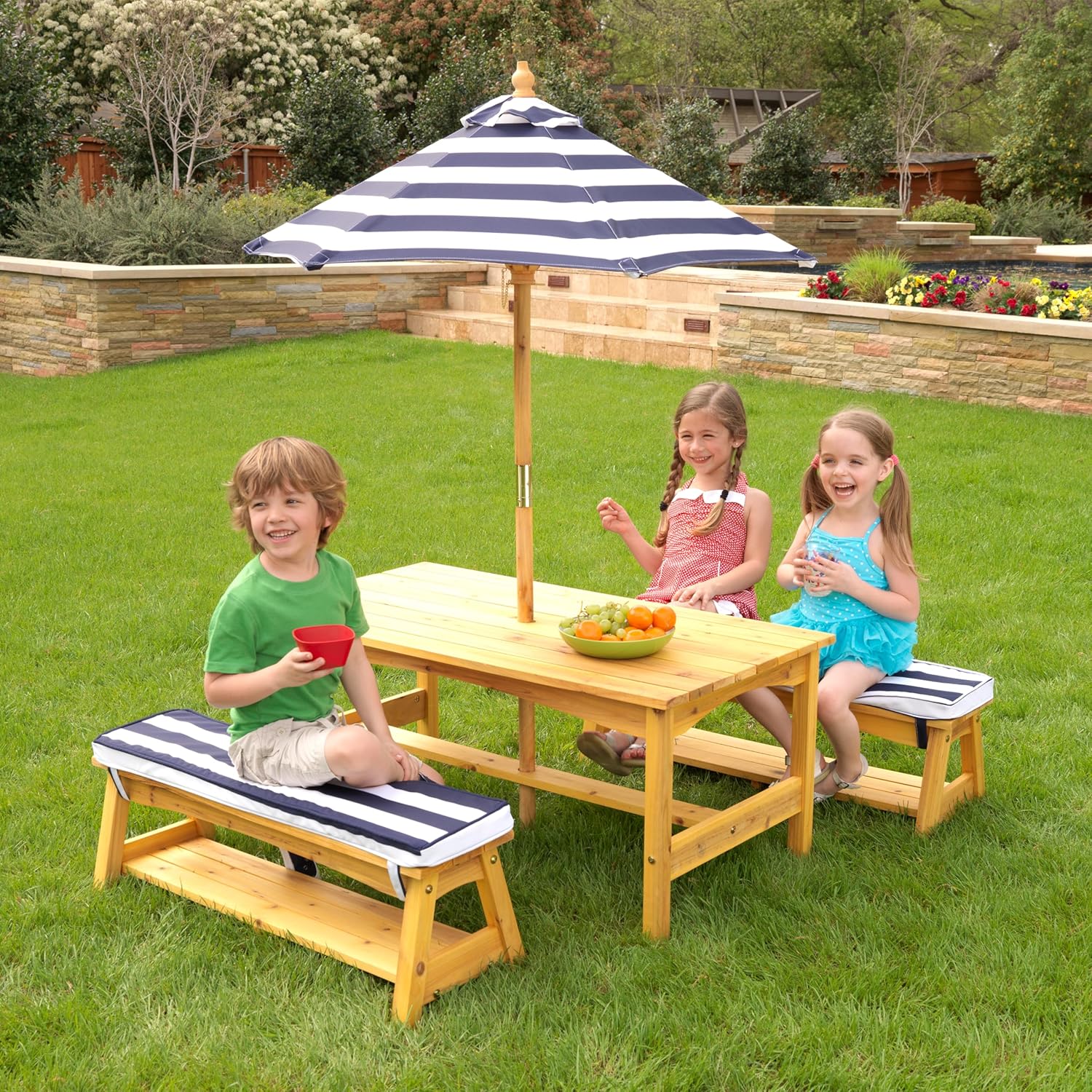 Outdoor Table & Bench Set with Cushions & Umbrella - Navy & White Stripes - Image 5