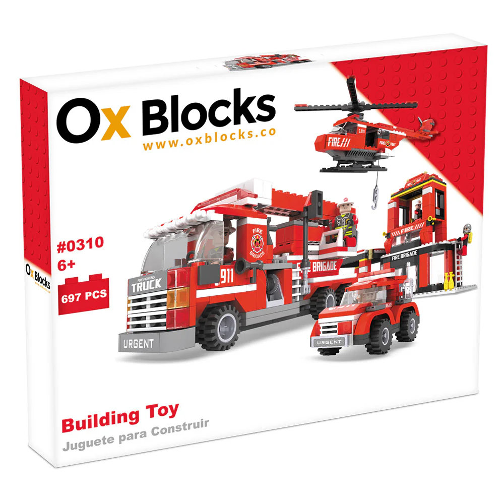 Ox Blocks - XL Fire Set with Fire Engine & Helicopter 697pcs