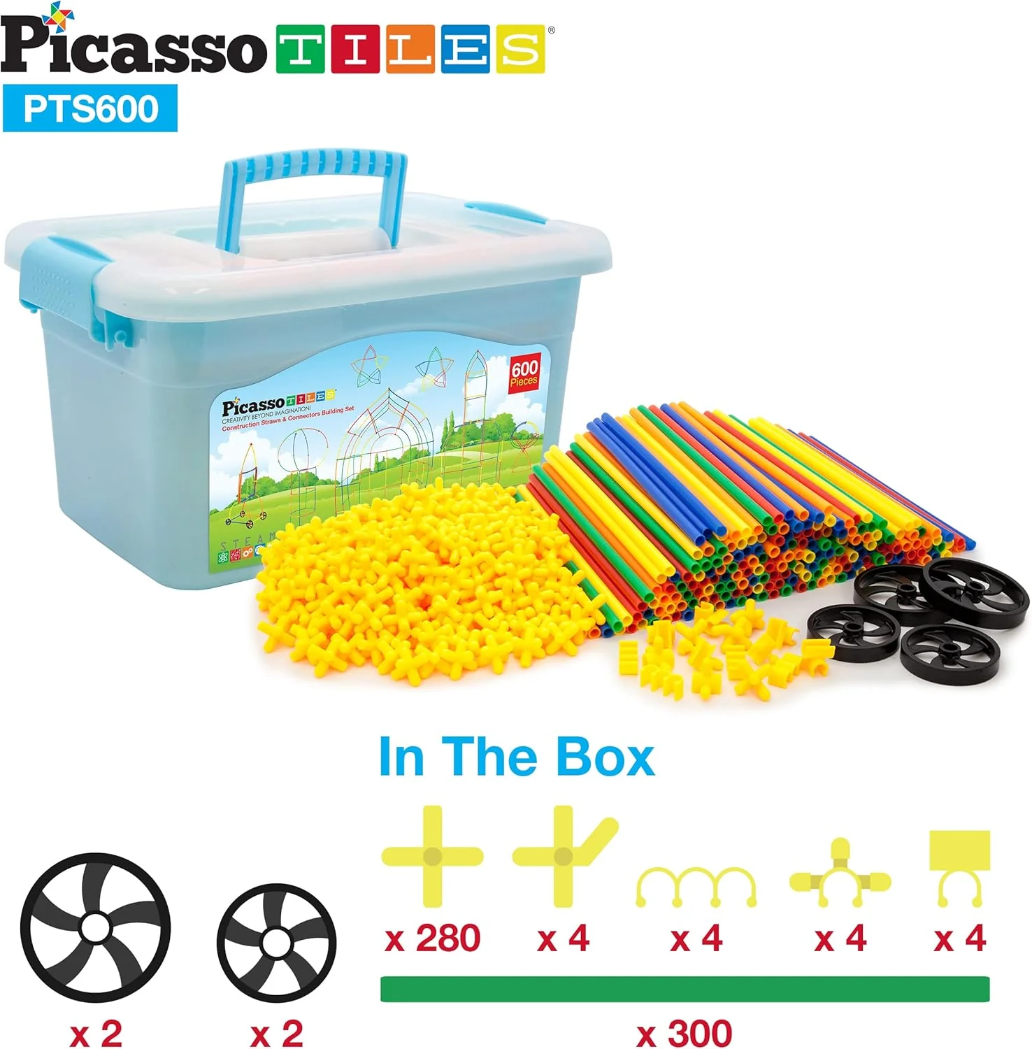 PicassoTiles 600-Piece Magnetic Straw Construction Set – STEM Learning Building Kit (PTS600)