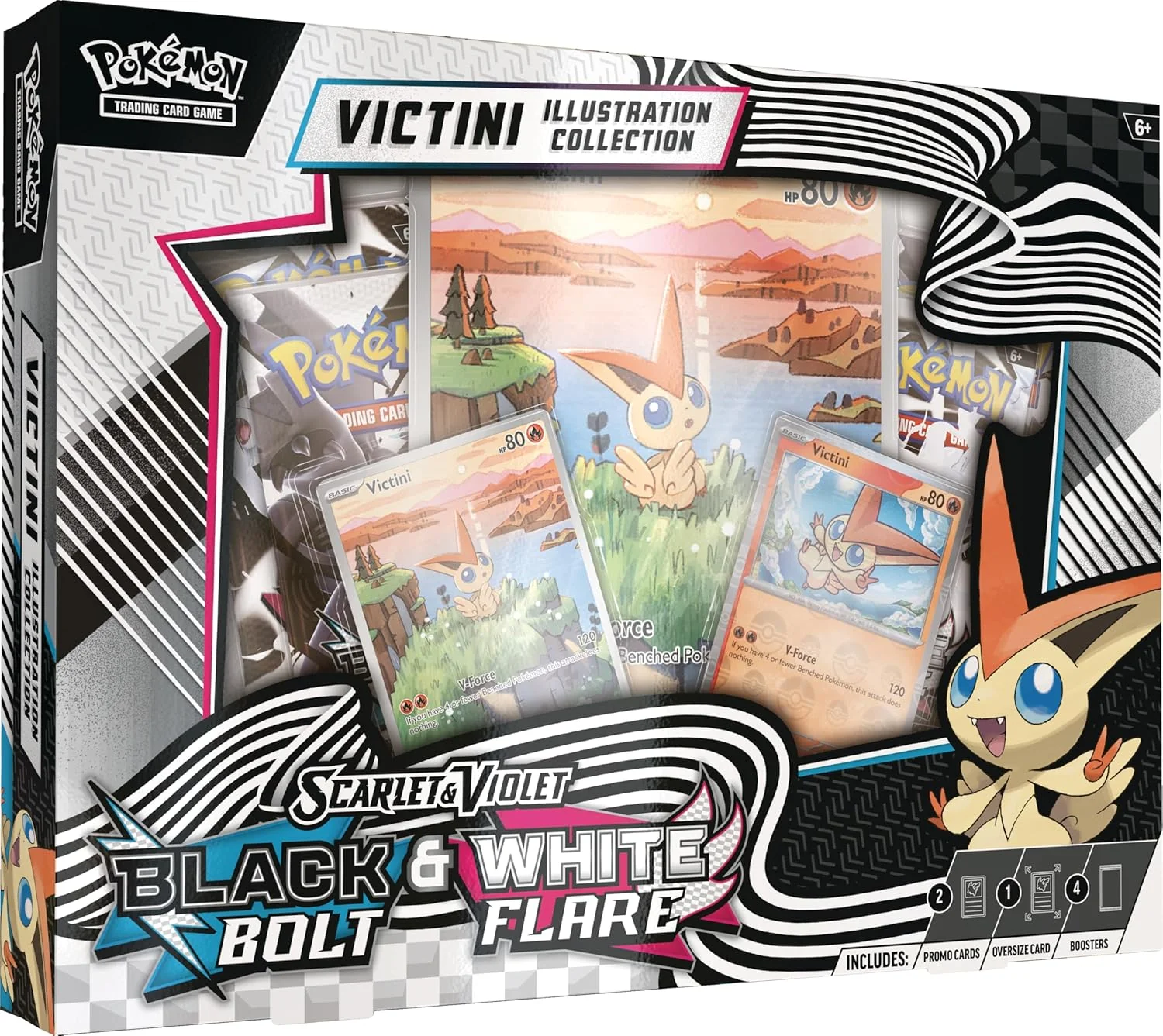 Pokémon TCG: Scarlet & Violet Black Bolt & White Flare – Victini Illustration Collection Box with 4 Booster Packs & Promo Cards