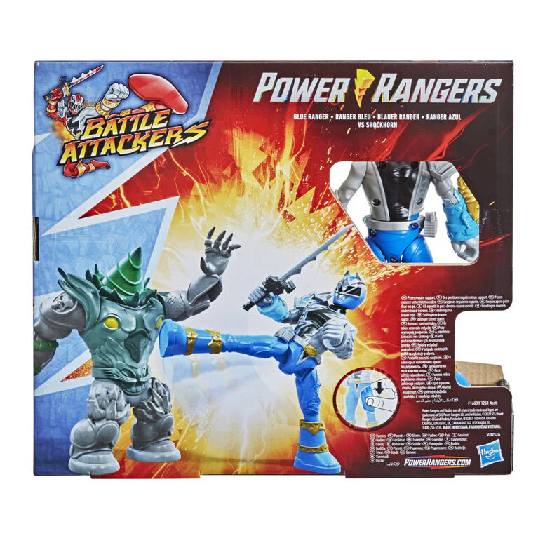 Power Rangers Dino Fury Battle Attackers 2-Pack Blue Ranger vs. Shockhorn Kicking Action Figure