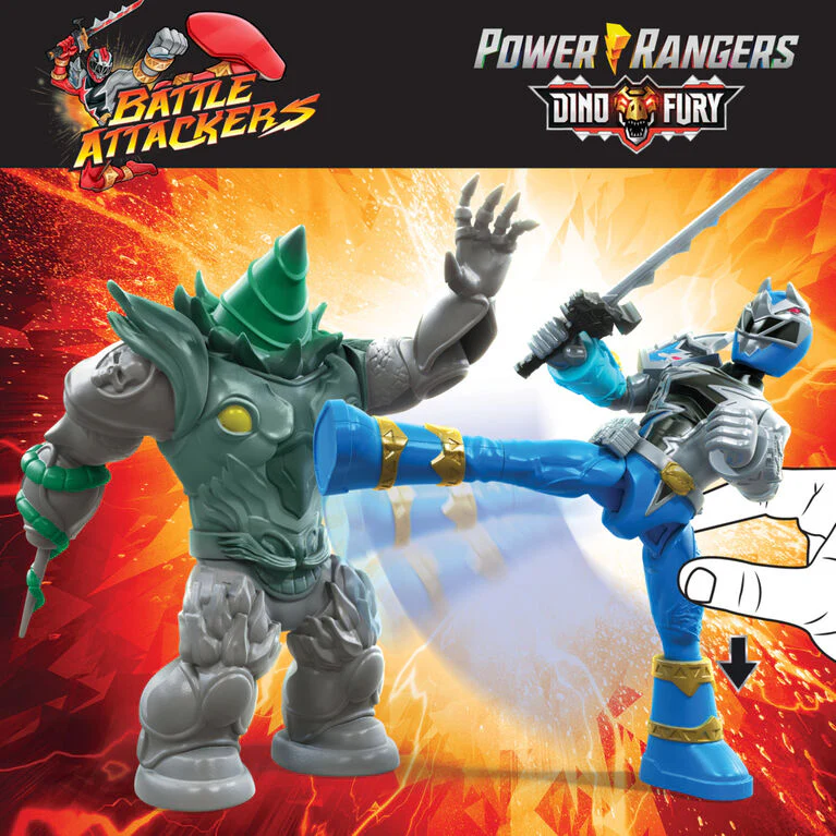 Power Rangers Dino Fury Battle Attackers 2-Pack Blue Ranger vs. Shockhorn Kicking Action Figure - Image 2