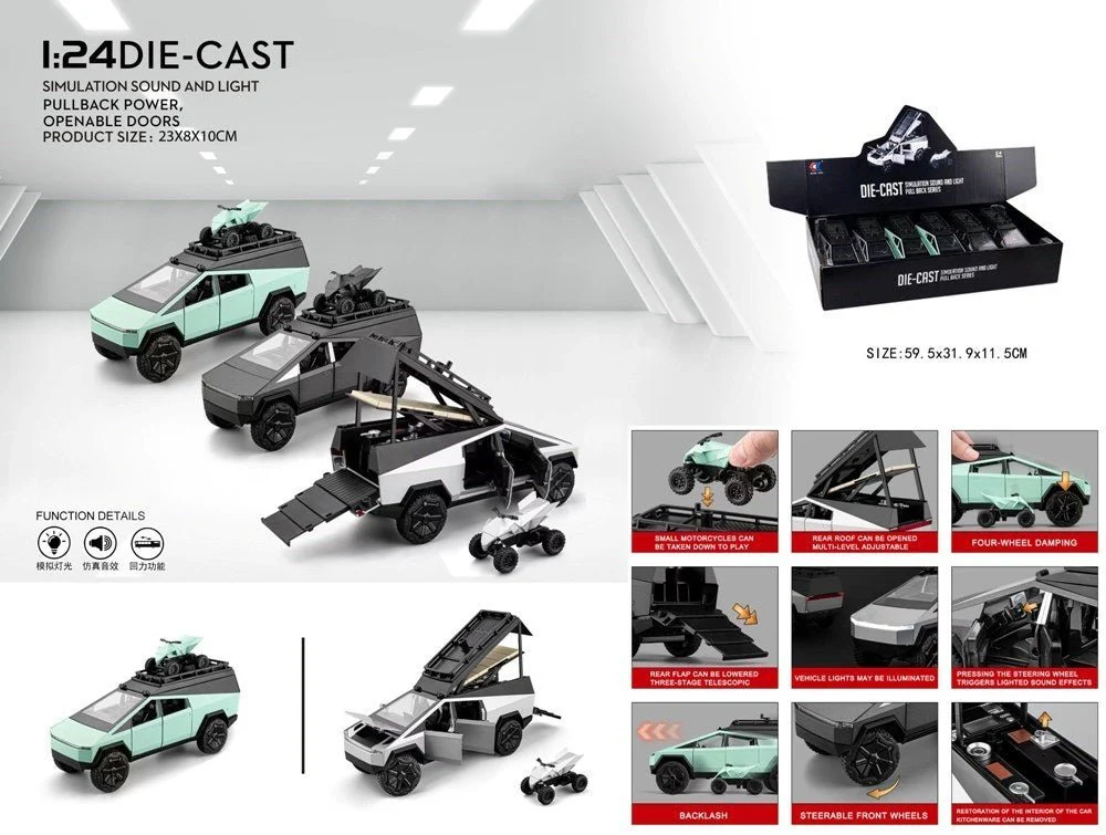 Pullback Diecast Tesla Cybertruck1:24 Scale With Quad Bike CZ170A - Image 2