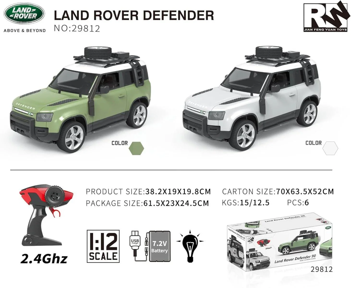 RW Range Rover Defender RC Car 1:12 Scale Asstd. 29812