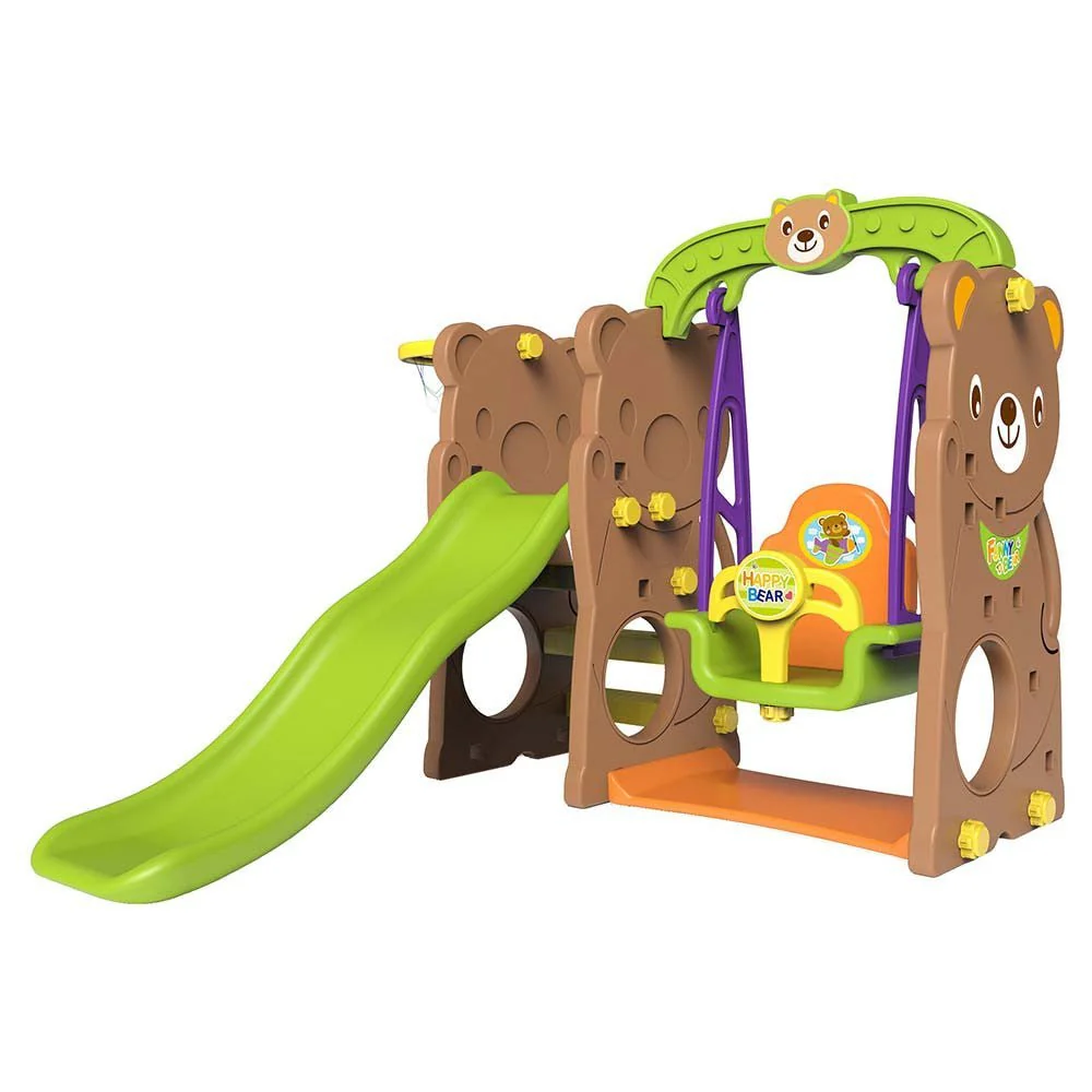 Bear-Themed Slide with Swing and Basketball Hoop – CHD161